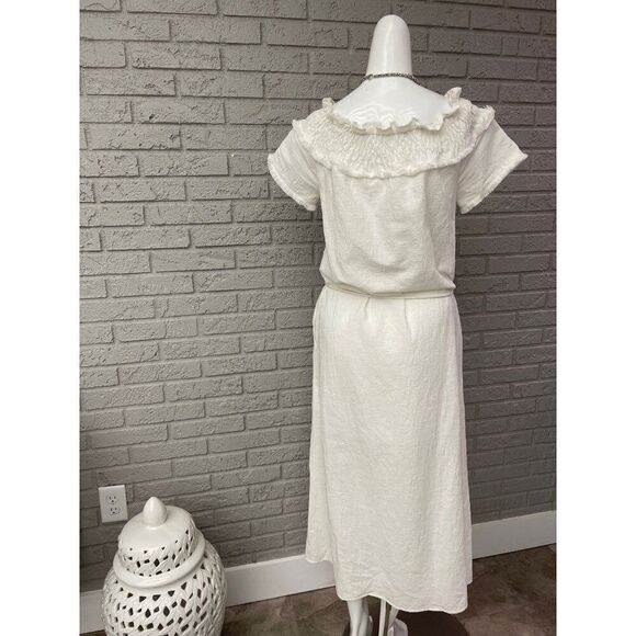 Line + Dot Women White Textured Off Shoulder Self-Belted Slit Midi Dress Size S - Picture 6 of 12